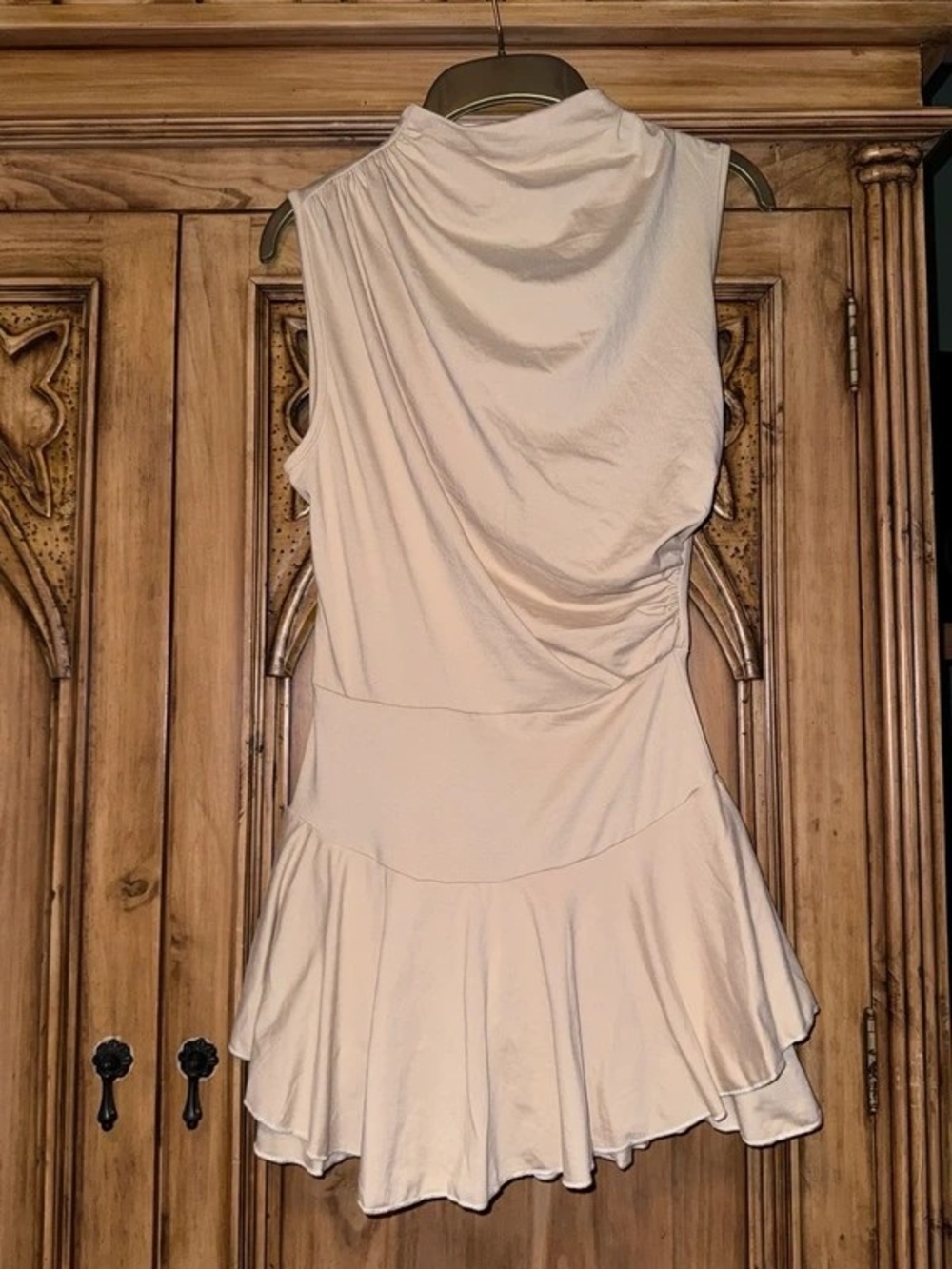 Sleeveless Cream Midi Dress with Draped Back and Flounce Skirt